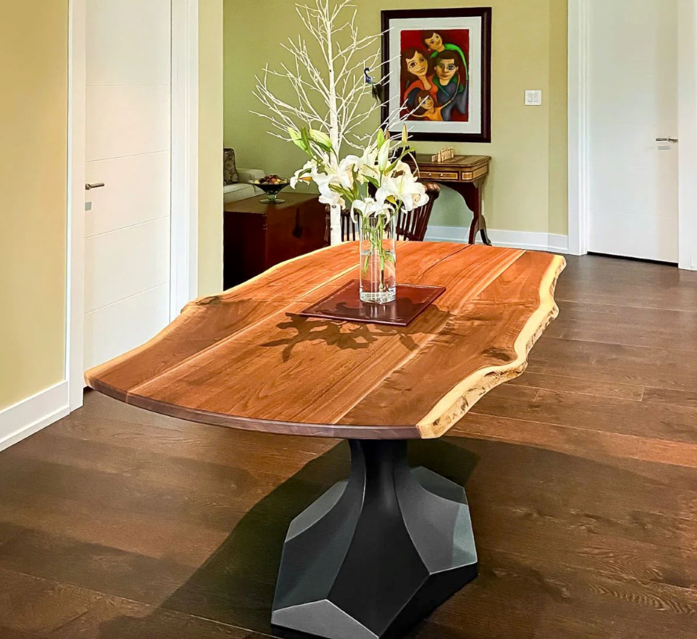 Custom Live Edge Dining Tables for Interior Design and Home Decor accented with rustic slab Coffee/End table furniture.