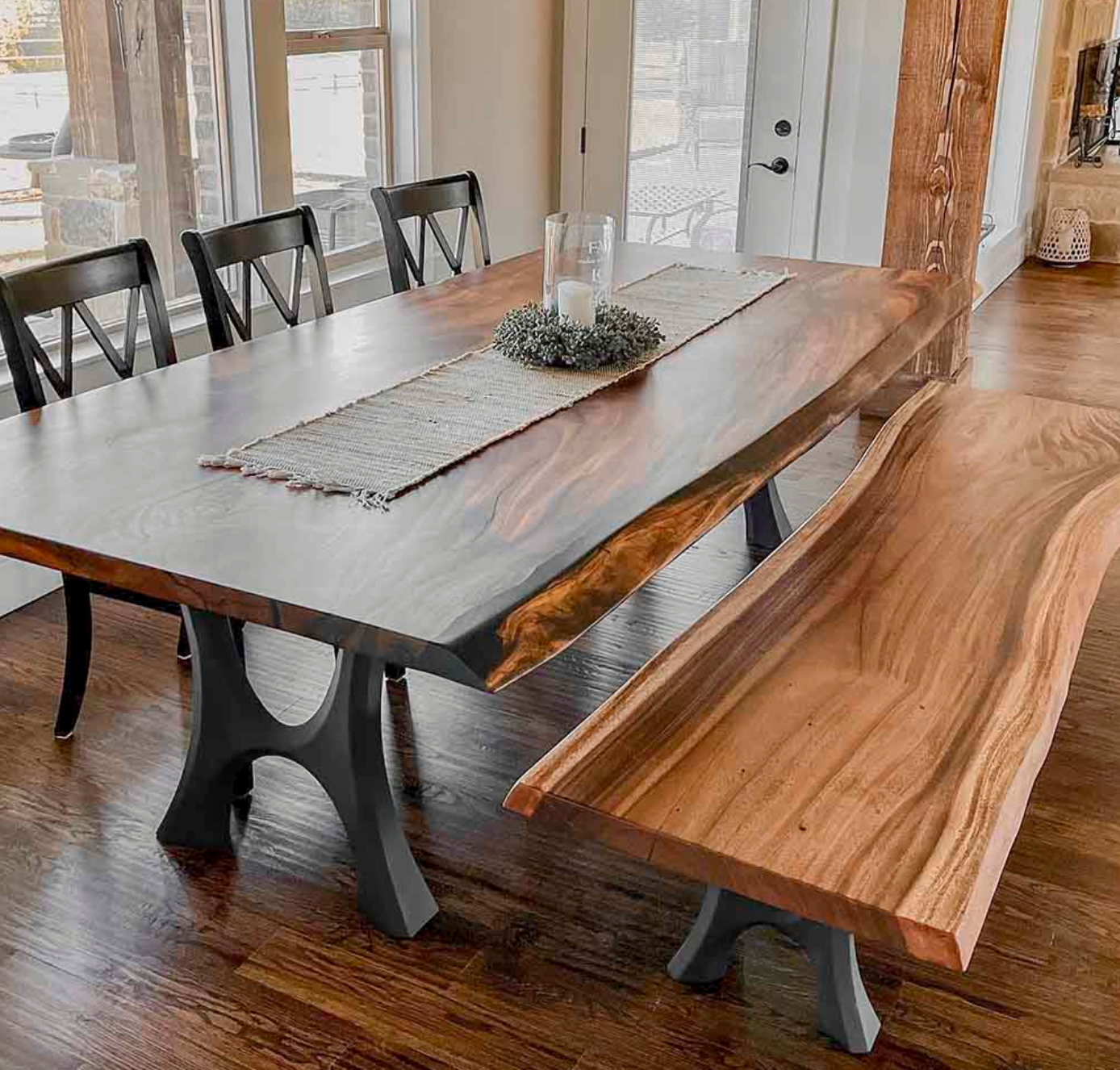 Custom Live Edge Dining Tables for Interior Design and Home Decor accented with rustic slab Coffee/End table furniture.