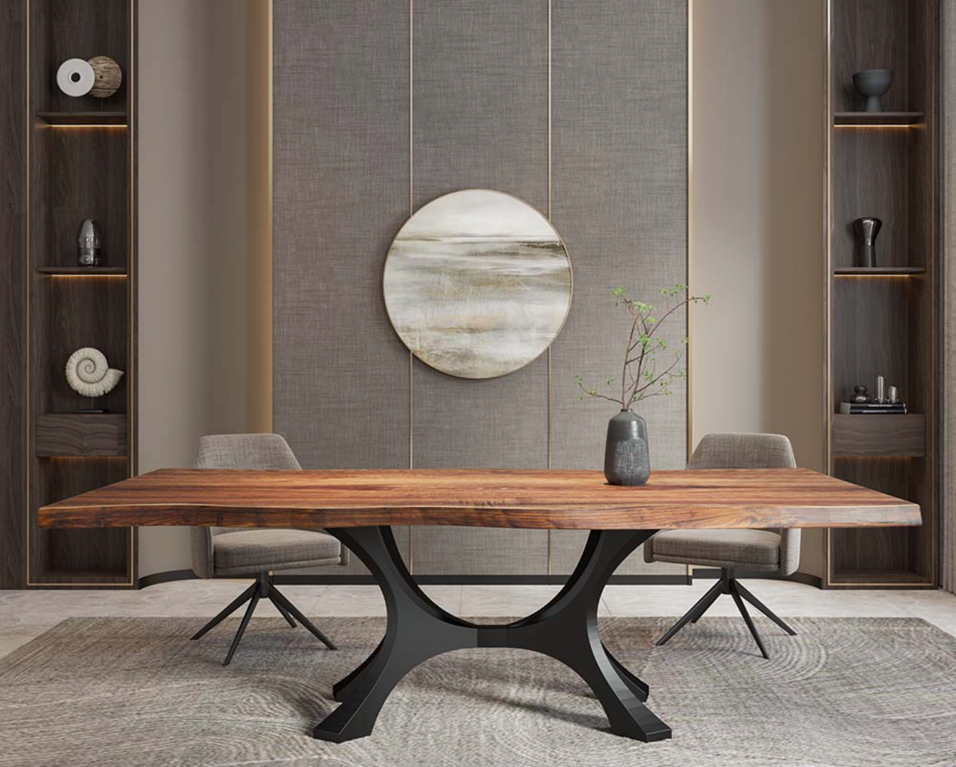 Custom Live Edge Dining Tables for Interior Design and Home Decor accented with rustic slab Coffee/End table furniture.