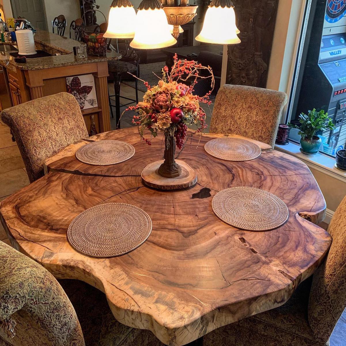 Custom Live Edge Dining Tables for Interior Design and Home Decor accented with rustic slab Coffee/End table furniture.