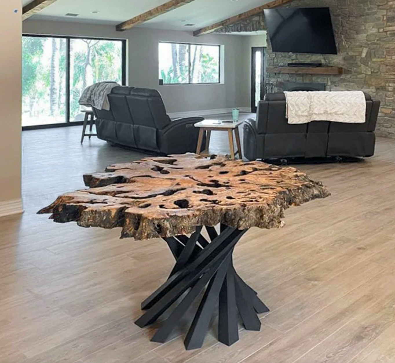 Custom Live Edge Dining Tables for Interior Design and Home Decor accented with rustic slab Coffee/End table furniture.