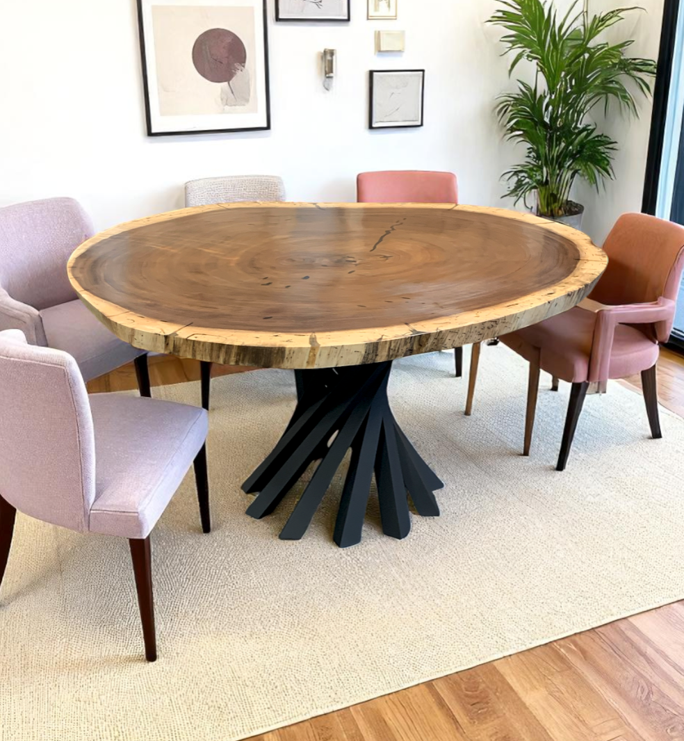 Custom Live Edge Dining Tables for Interior Design and Home Decor accented with rustic slab Coffee/End table furniture.