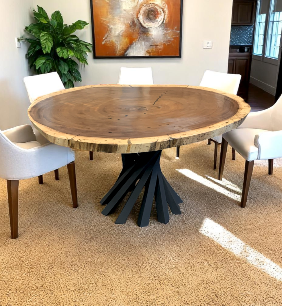 Custom Live Edge Dining Tables for Interior Design and Home Decor accented with rustic slab Coffee/End table furniture.