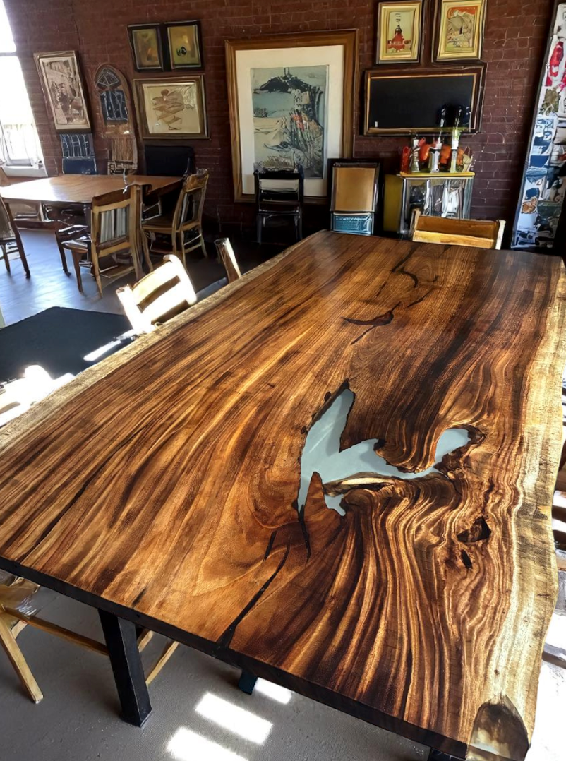 Custom Live Edge Dining Tables for Interior Design and Home Decor accented with rustic slab Coffee/End table furniture.