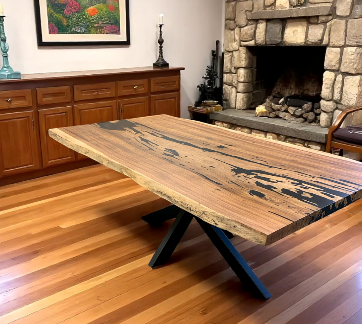 Custom Live Edge Dining Tables for Interior Design and Home Decor accented with rustic slab Coffee/End table furniture.