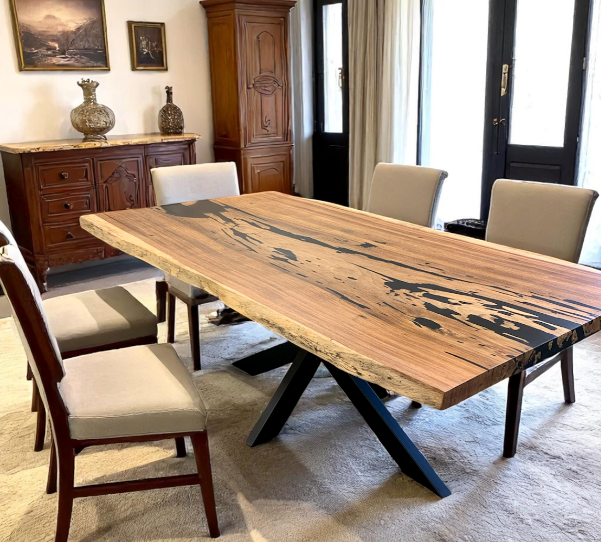 Custom Live Edge Dining Tables for Interior Design and Home Decor accented with rustic slab Coffee/End table furniture.