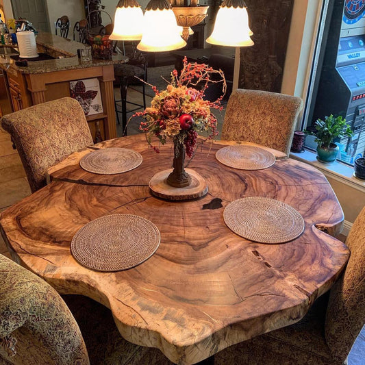 Custom Live Edge Dining Tables for Interior Design and Home Decor accented with rustic slab Coffee/End table furniture.